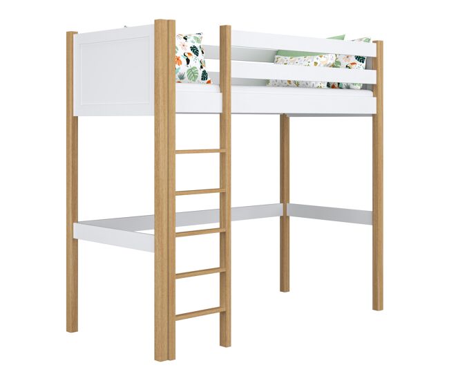 Cama alta de madeira n06 branco e carvalho