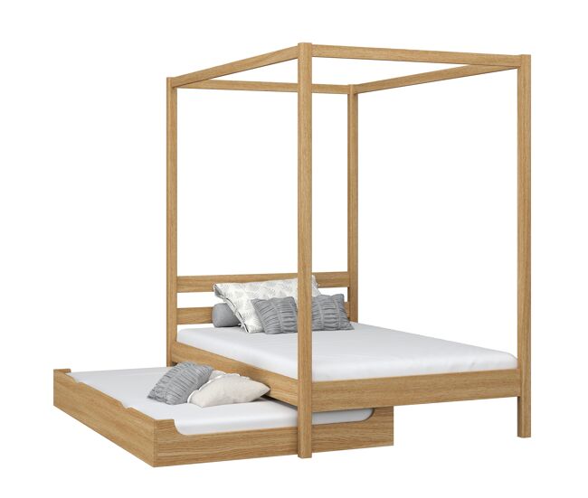 Cama individual de carvalho com dossel e gaveta para colchão adicional n01 carvalho natural