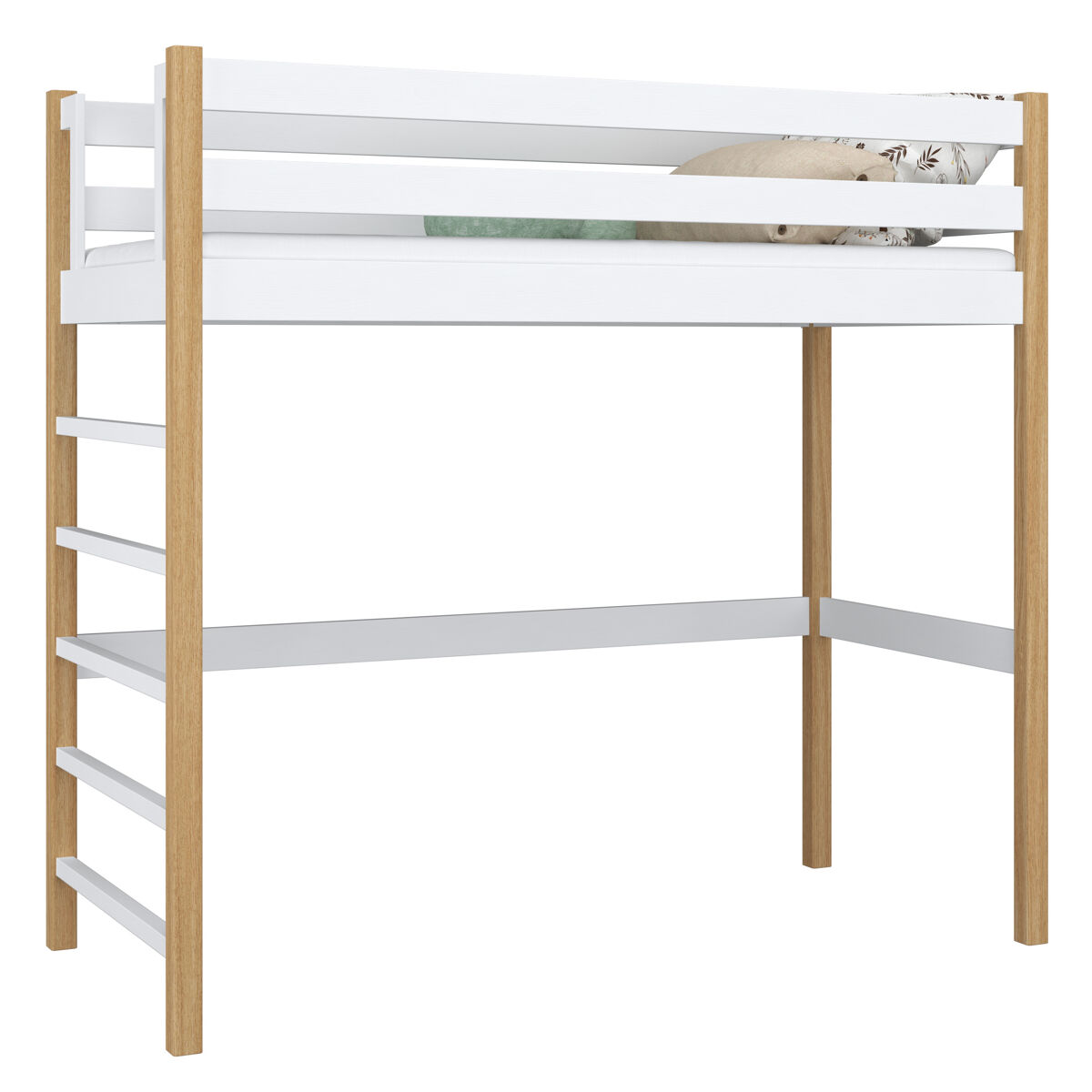 Cama alta de madeira n01 branco e carvalho