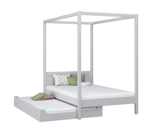 Cama individual de madeira com dossel e gaveta para colchão extra n02 cinza