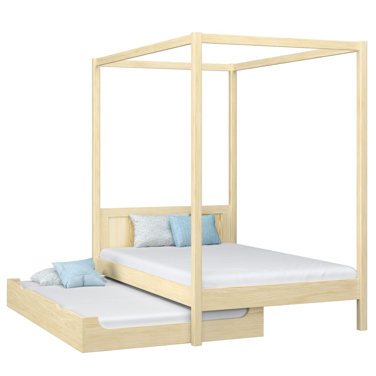 Cama individual de madeira com dossel e gaveta para colchão extra n02 pinho incolor