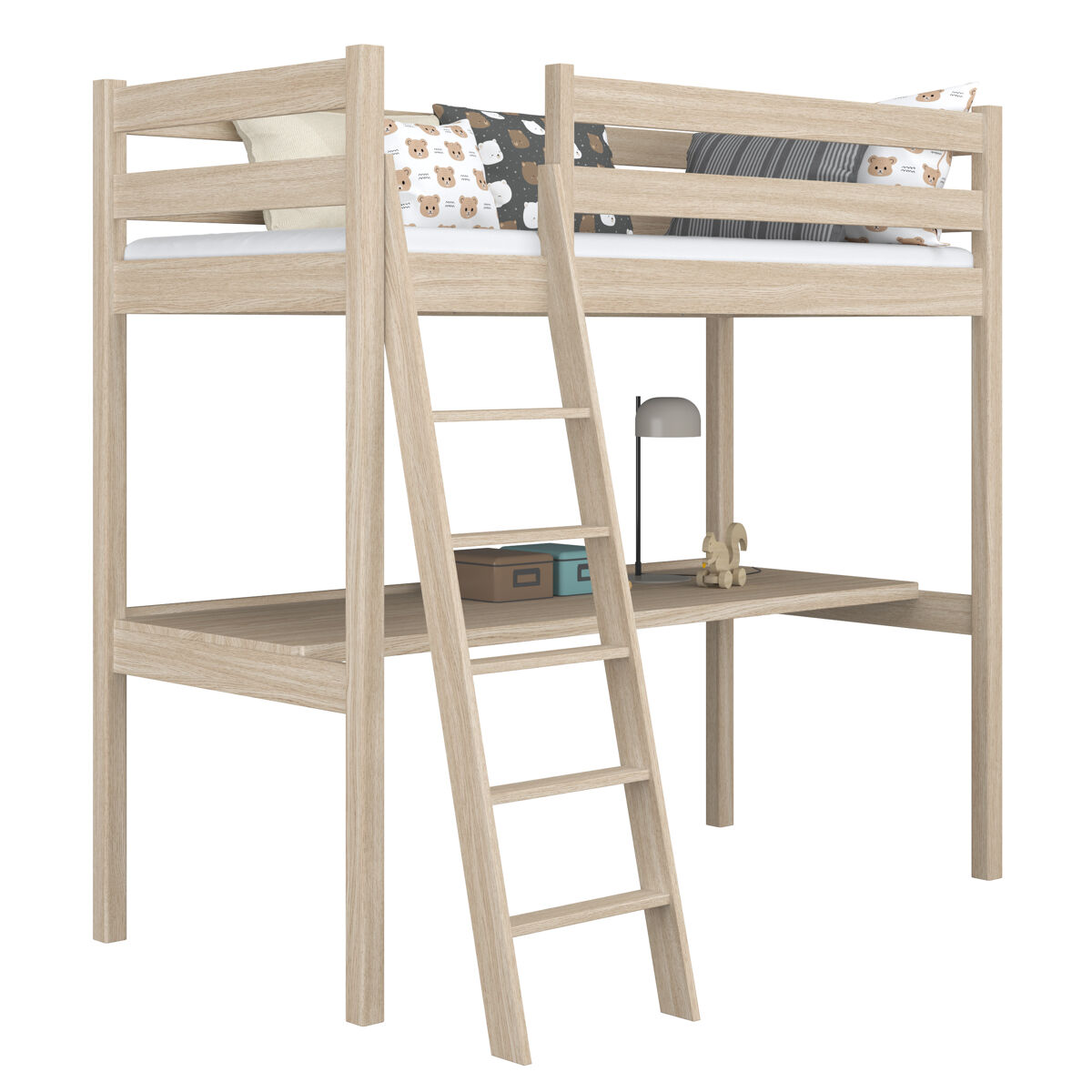 Cama mezzanine de carvalho com secretária n03 carvalho branqueado