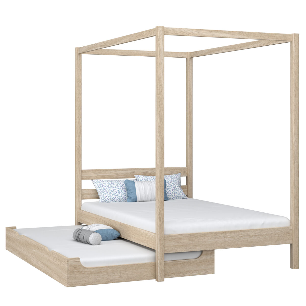 Cama individual de carvalho com dossel e gaveta para colchão adicional n01 carvalho branqueado