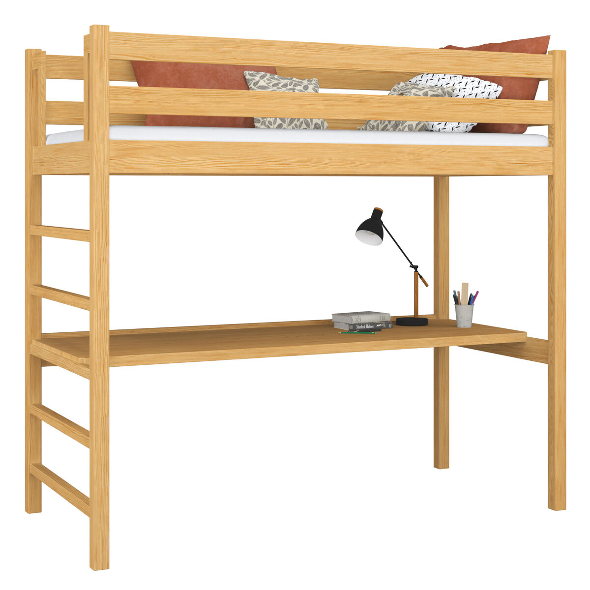 Cama alta de madeira com secretária n01 pinho natural