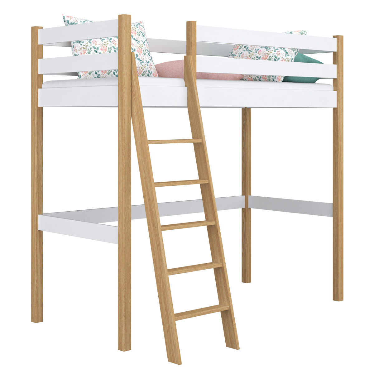 Cama alta de madeira n03 branco e carvalho
