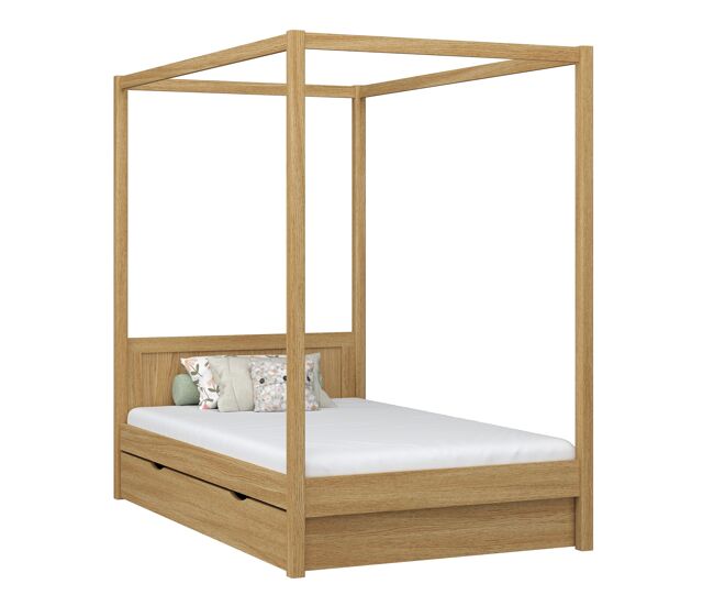 Cama individual de carvalho com dossel e gaveta n02 carvalho natural