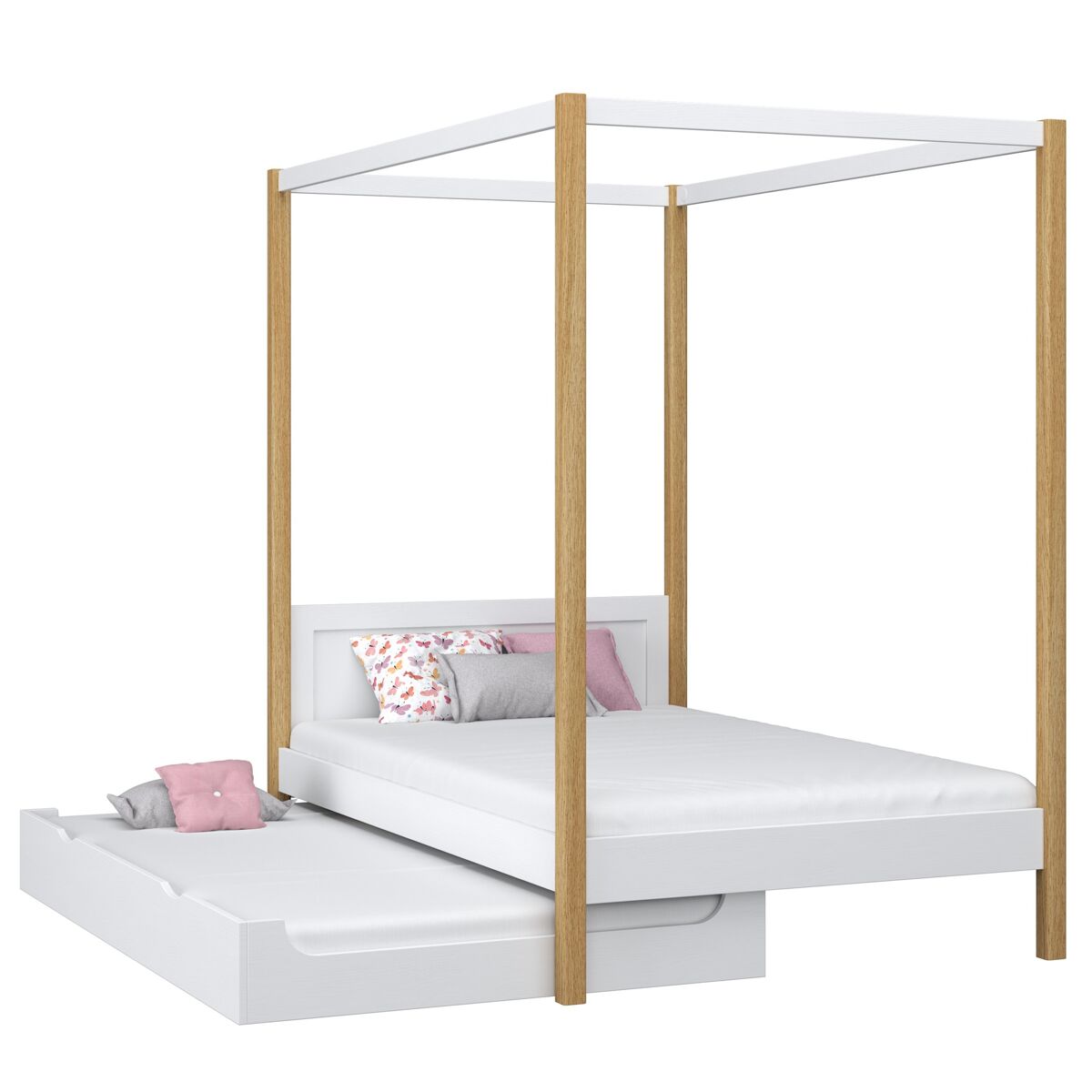 Cama individual de madeira com dossel e gaveta para colchão extra n02 branco e carvalho