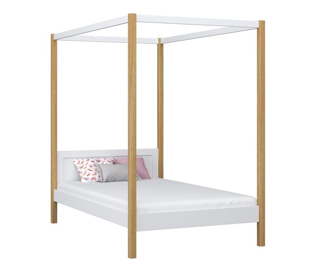 Cama individual de madeira com dossel n02 branco e carvalho