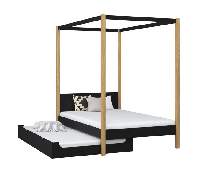 Cama individual de madeira com dossel e gaveta para colchão extra n02 preto e carvalho