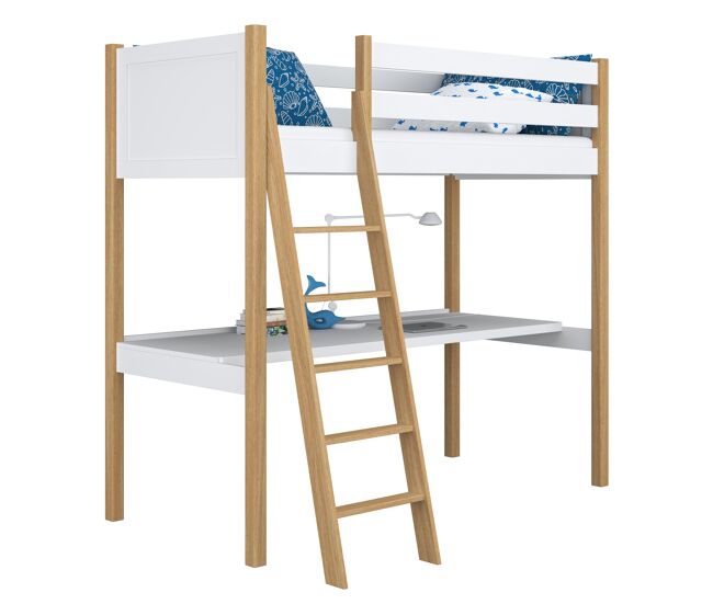Cama alta de madeira com secretária n04 branco e carvalho