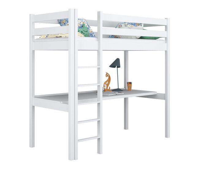 Cama alta de madeira com secretária n05 branco