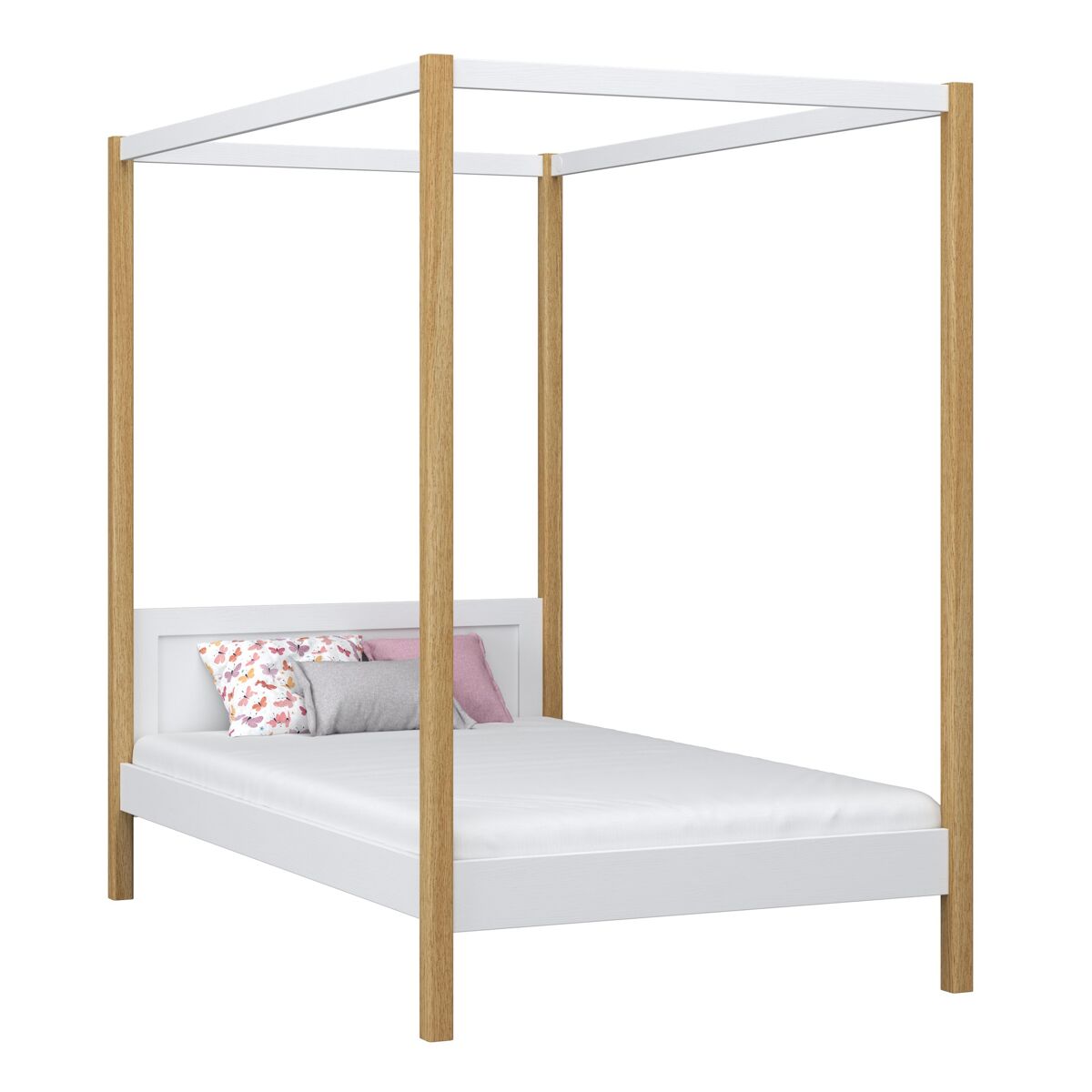 Cama individual de madeira com dossel n02 branco e carvalho
