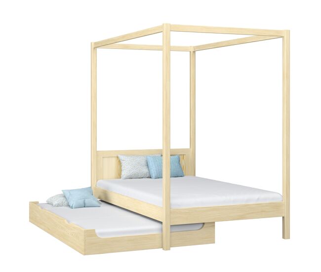Cama individual de madeira com dossel e gaveta para colchão extra n02 pinho incolor