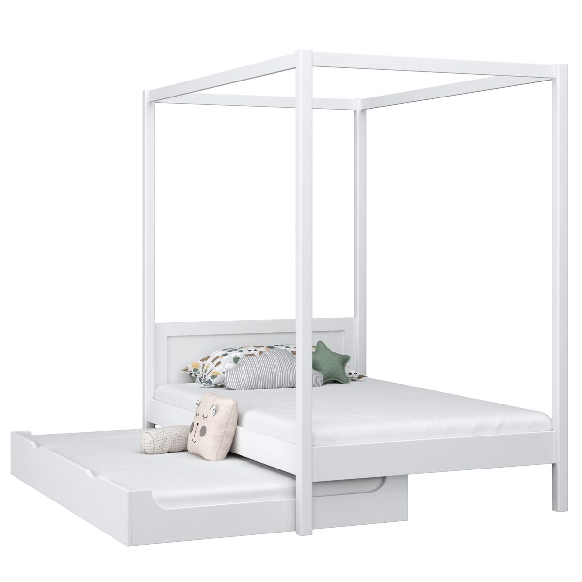 Cama individual de madeira com dossel e gaveta para colchão extra n02 branco