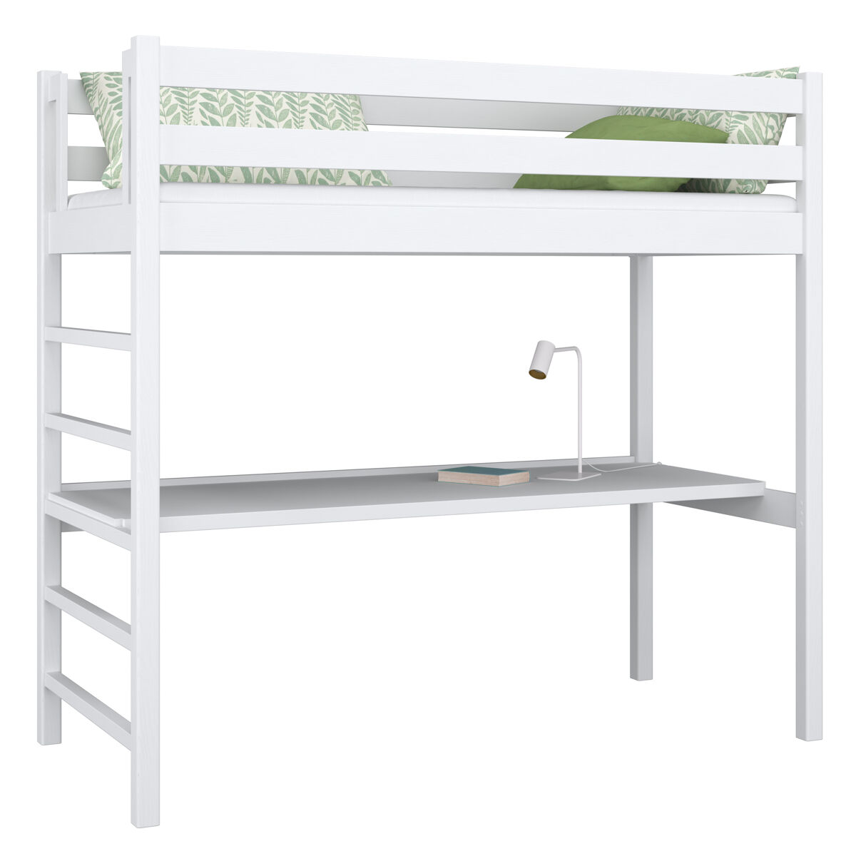 Cama alta de madeira com secretária n01 branco