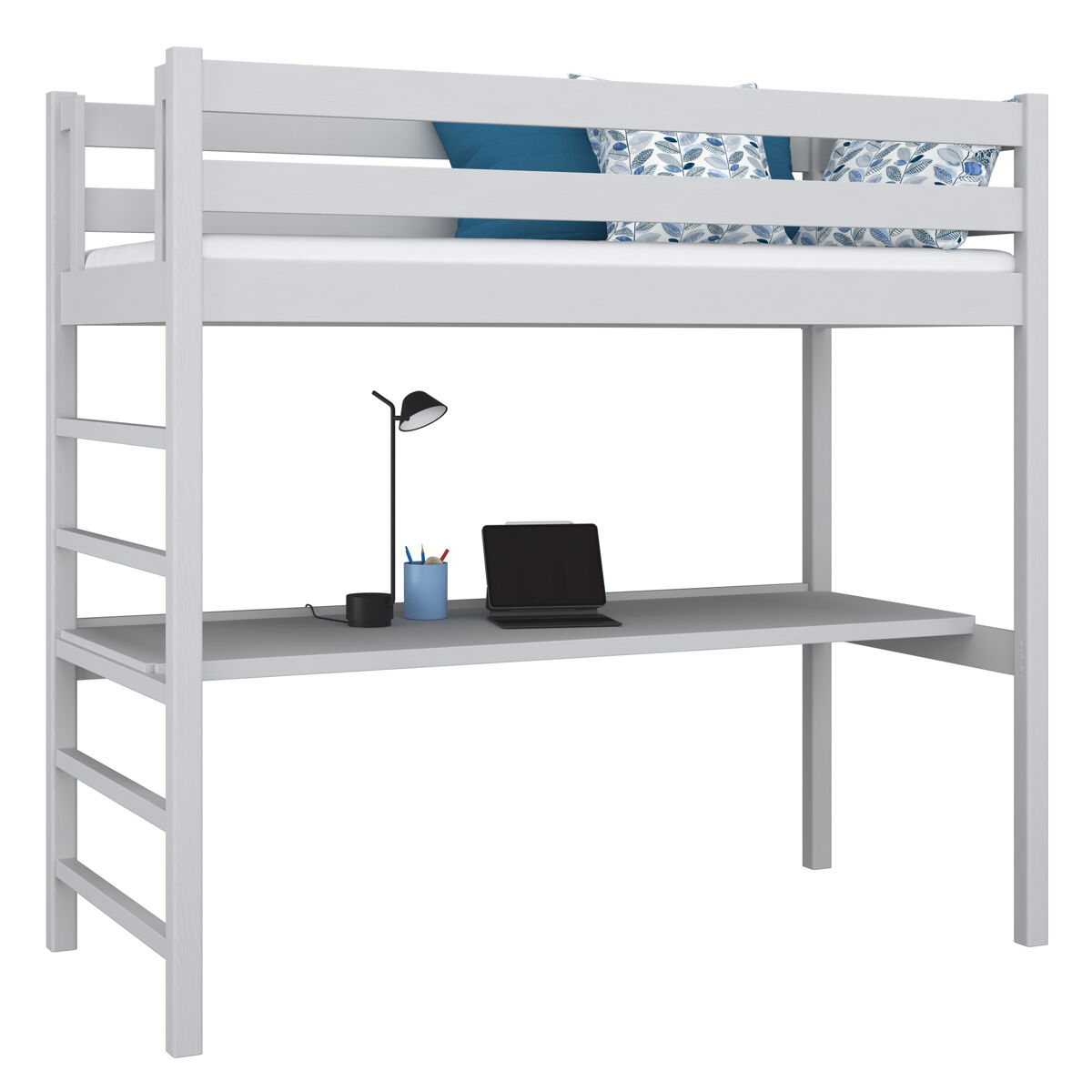 Cama alta de madeira com secretária n01 cinza
