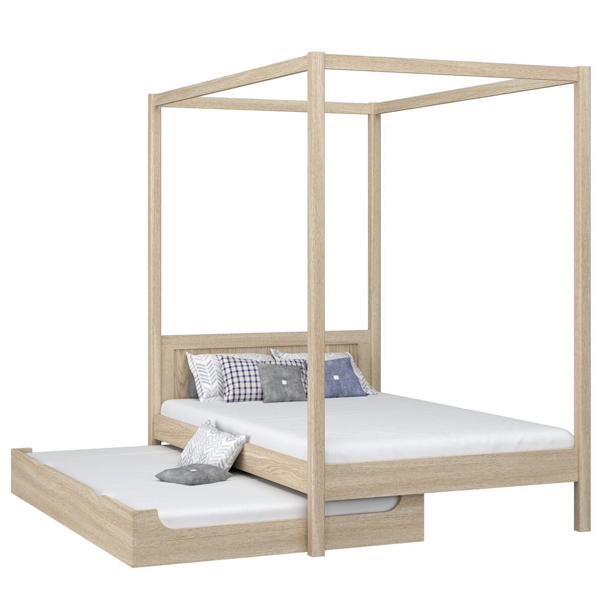 Cama individual de carvalho com dossel e gaveta para colchão adicional n02 carvalho branqueado