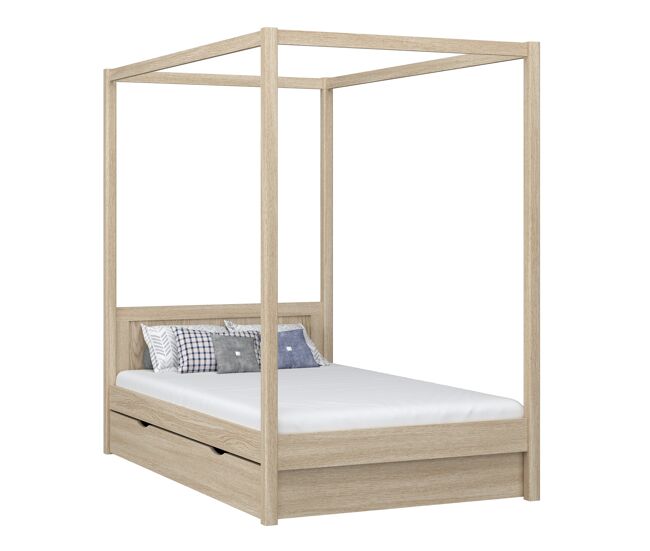 Cama individual de carvalho com dossel e gaveta n02 carvalho branqueado