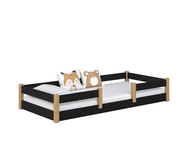 Cama baixa de madeira n01 preto e carvalho