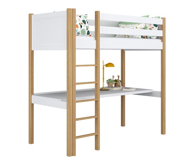 Cama alta de madeira com secretária n06 branco e carvalho