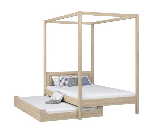 Cama individual de carvalho com dossel e gaveta para colchão adicional n02 carvalho branqueado