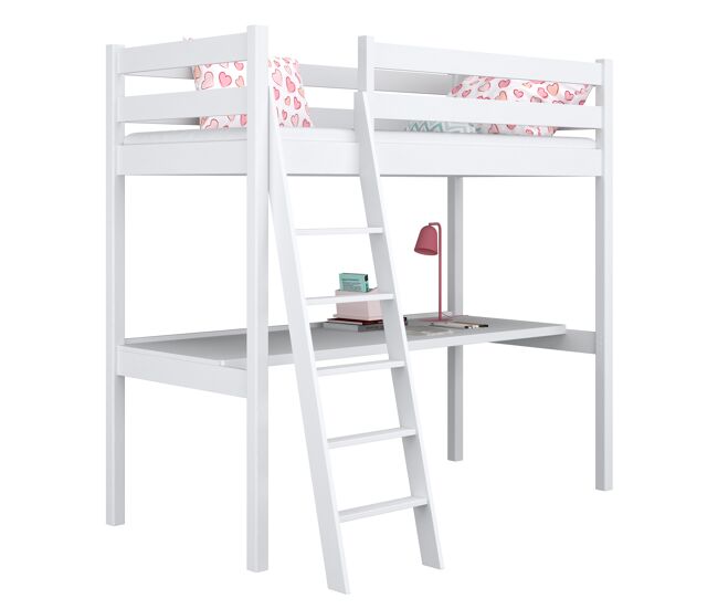 Cama alta de madeira com secretária n03 branco