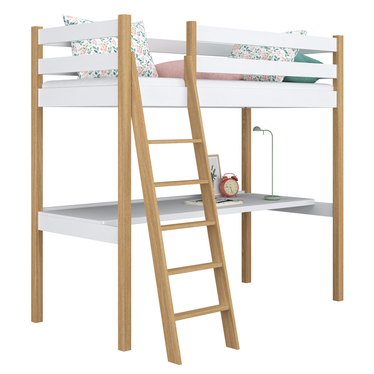 Cama alta de madeira com secretária n03 branco e carvalho