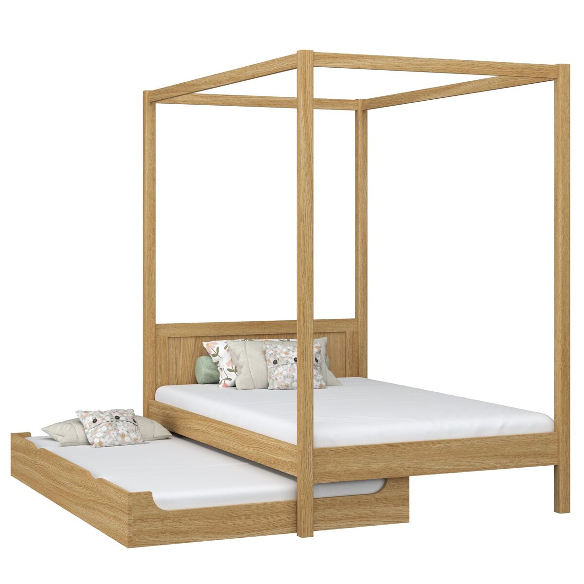 Cama individual de carvalho com dossel e gaveta para colchão adicional n02 carvalho natural