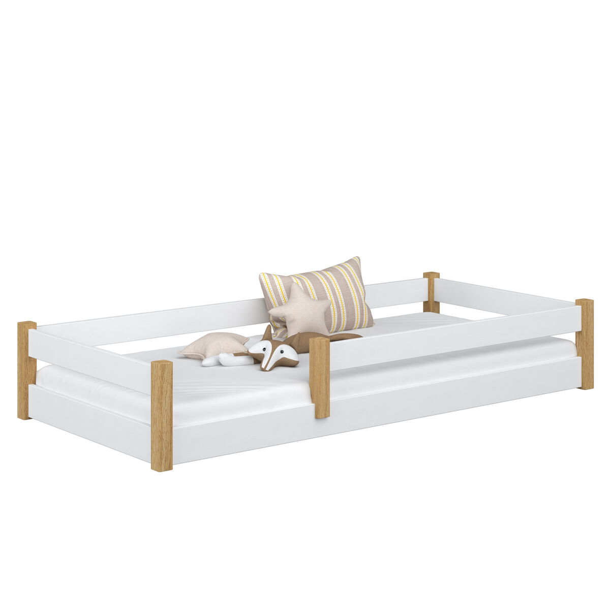 Cama baixa de madeira n02 branco e carvalho
