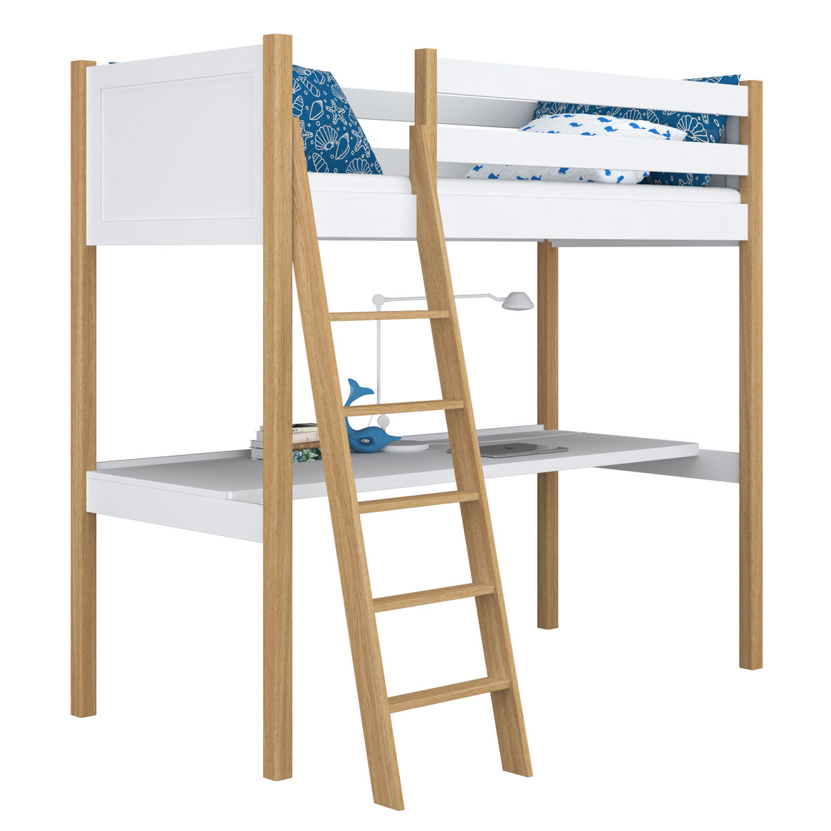 Cama alta de madeira com secretária n04 branco e carvalho