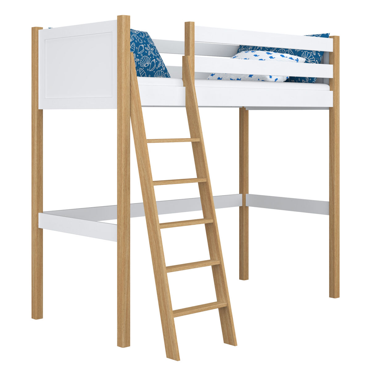 Cama alta de madeira n04 branco e carvalho