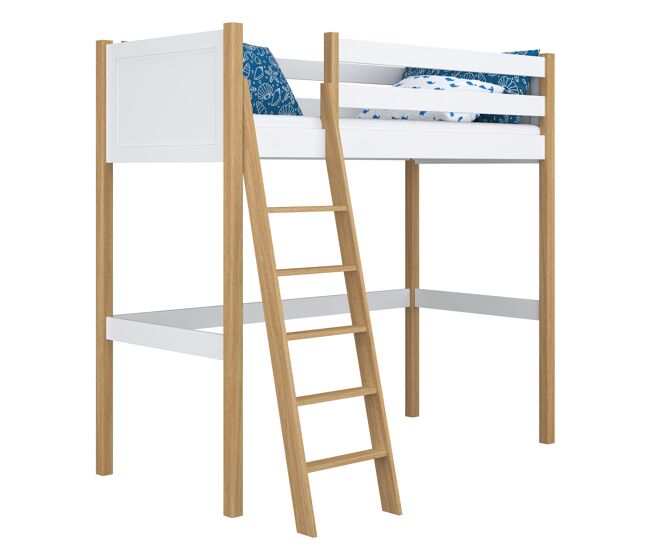Cama alta de madeira n04 branco e carvalho