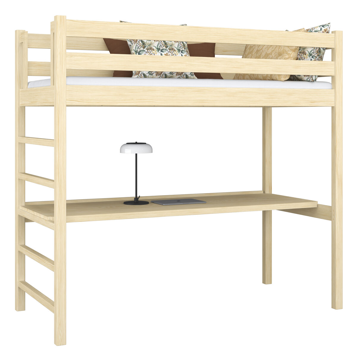 Cama alta de madeira com secretária n01 pinho incolor