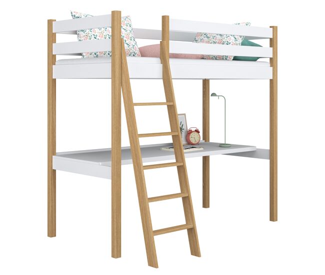 Cama alta de madeira com secretária n03 branco e carvalho
