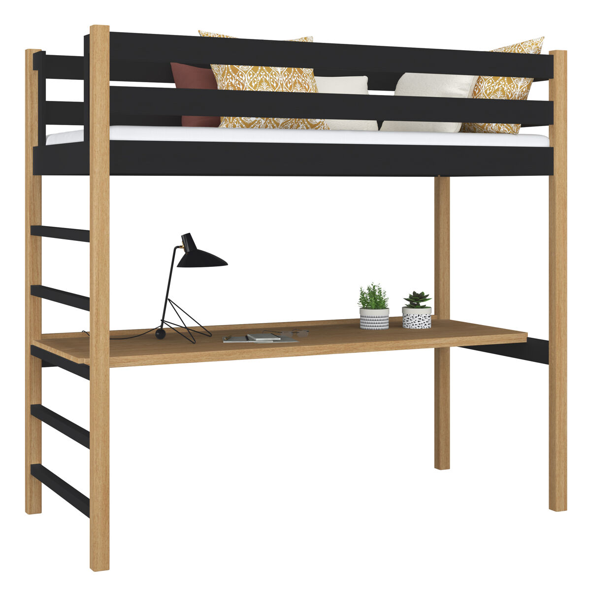 Cama alta de madeira com secretária n01 preto e carvalho