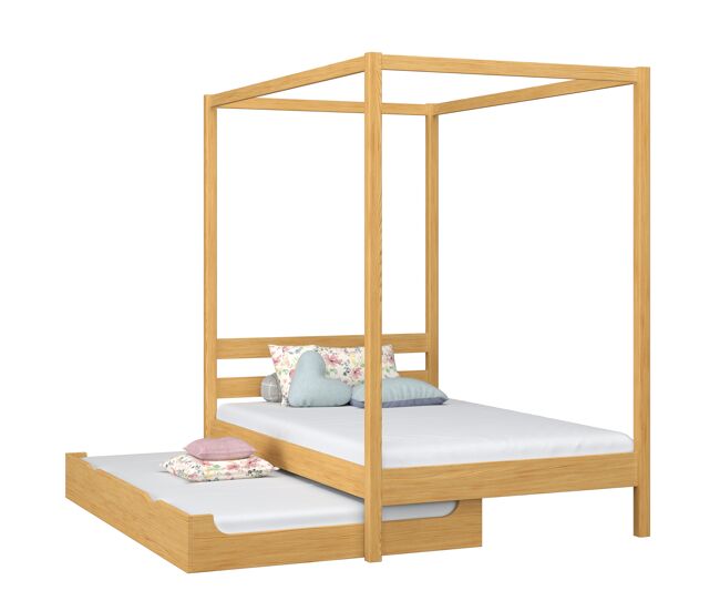 Cama individual de madeira com dossel e gaveta para colchão extra n01 pinho natural