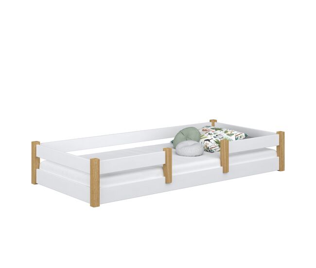 Cama baixa de madeira n01 branco e carvalho