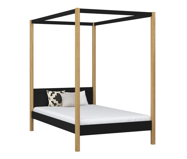 Cama individual de madeira com dossel n02 preto e carvalho