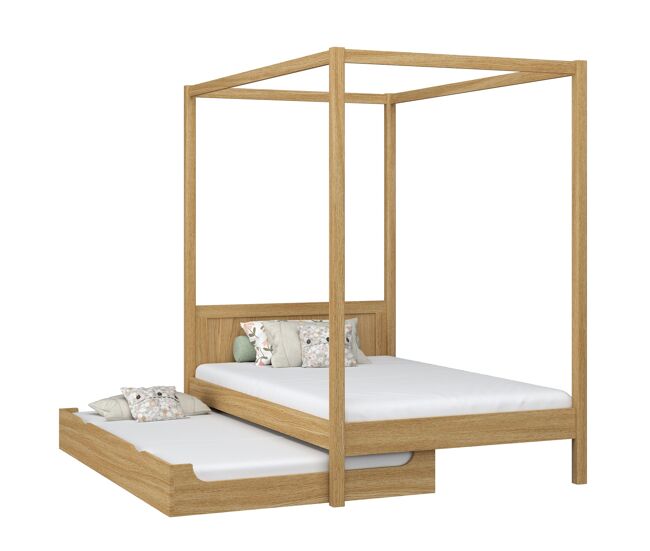 Cama individual de carvalho com dossel e gaveta para colchão adicional n02 carvalho natural