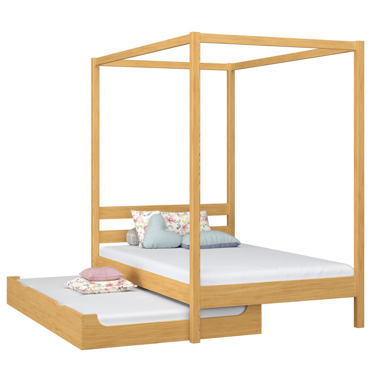 Cama individual de madeira com dossel e gaveta para colchão extra n01 pinho natural