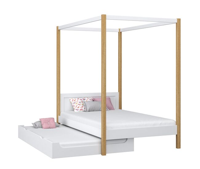 Cama individual de madeira com dossel e gaveta para colchão extra n02 branco e carvalho