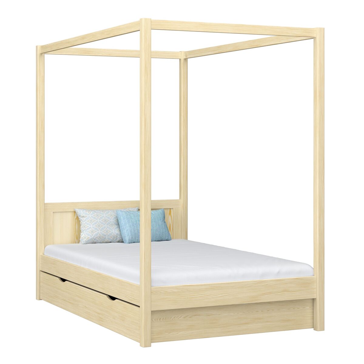 Cama individual de madeira com dossel e gaveta n02 pinho incolor