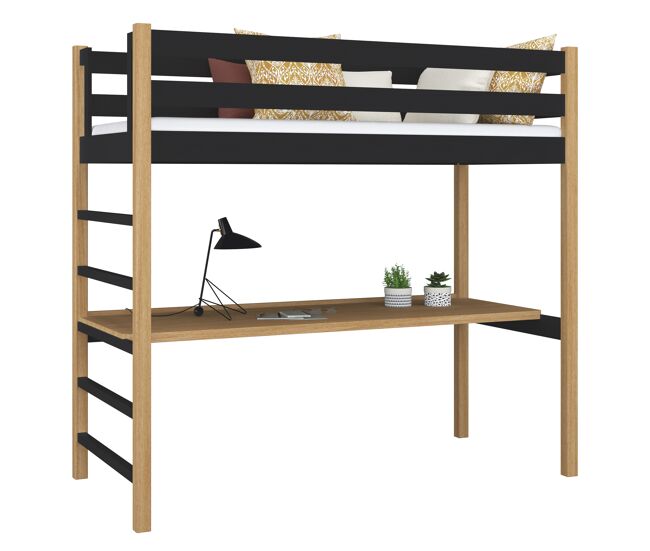 Cama alta de madeira com secretária n01 preto e carvalho