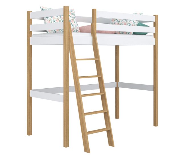 Cama alta de madeira n03 branco e carvalho