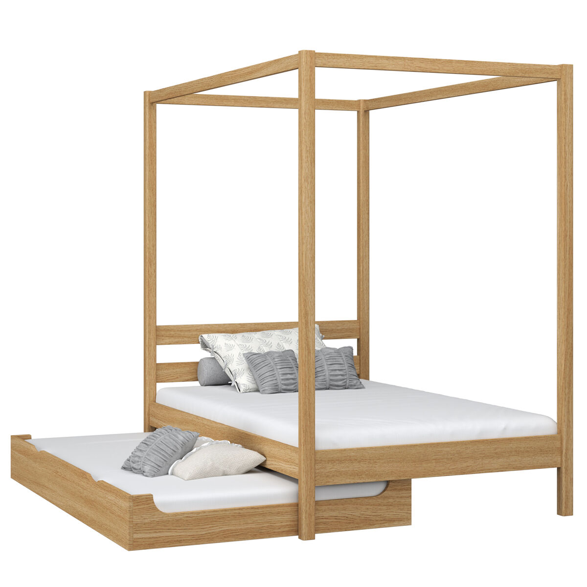 Cama individual de carvalho com dossel e gaveta para colchão adicional n01 carvalho natural