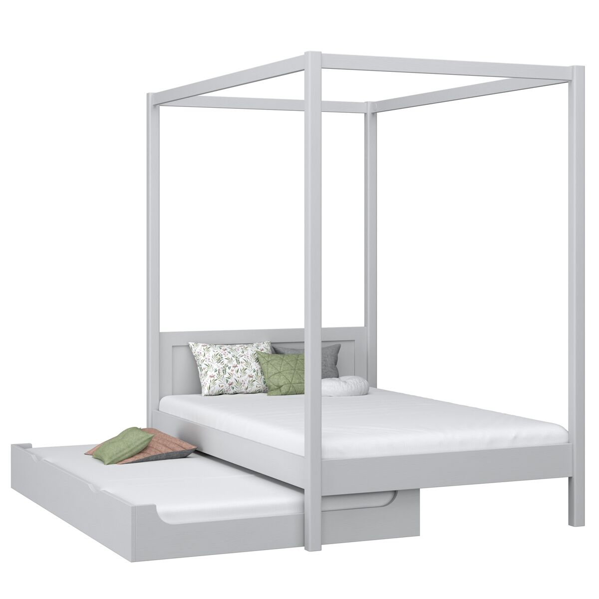 Cama individual de madeira com dossel e gaveta para colchão extra n02 cinza