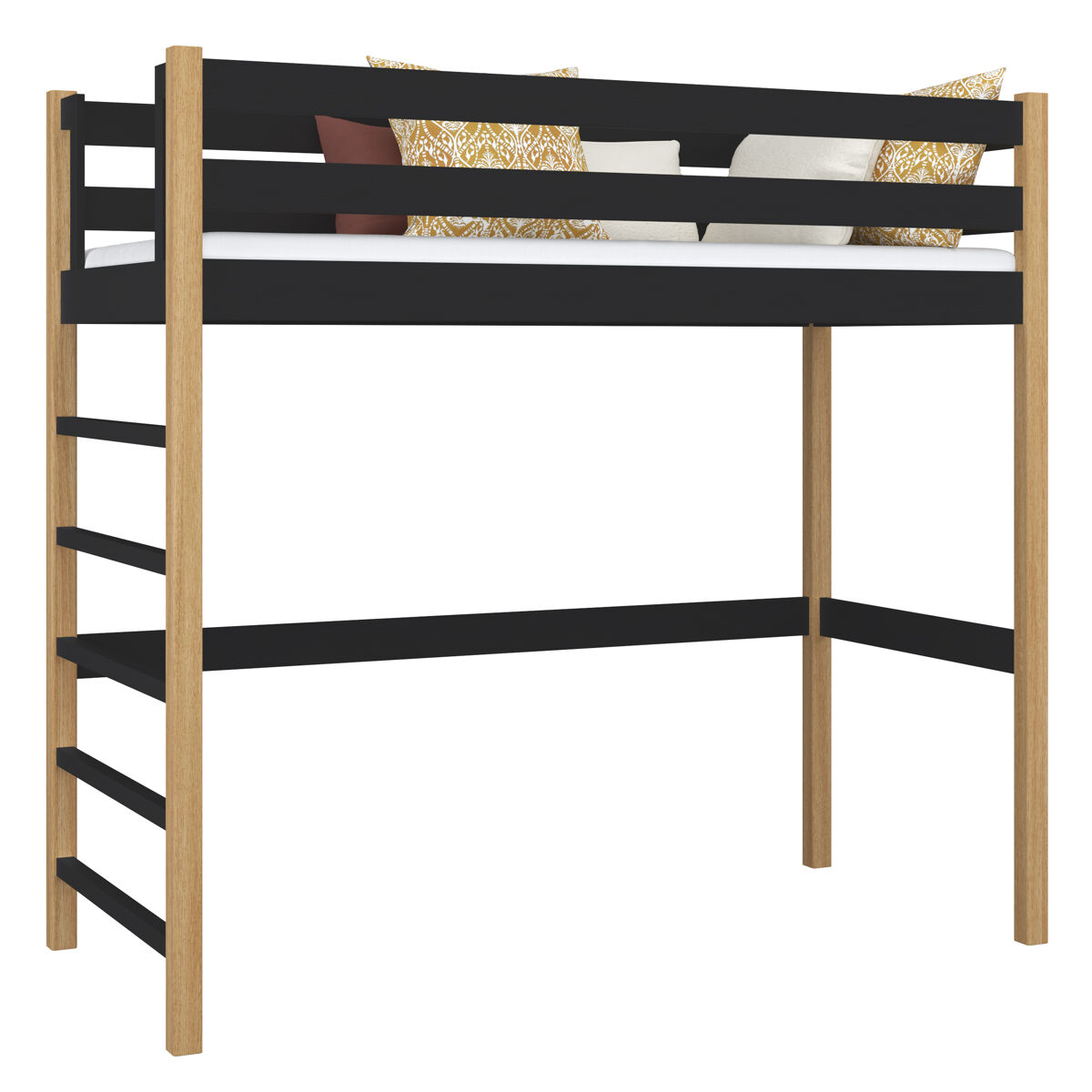 Cama alta de madeira n01 preto e carvalho