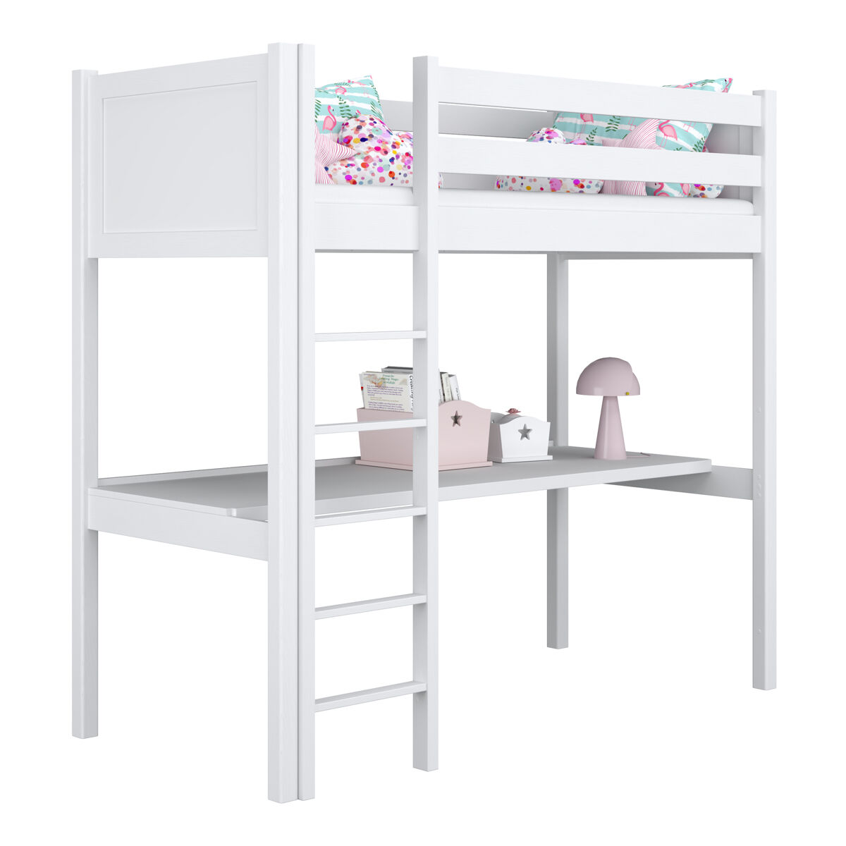 Cama alta de madeira com secretária n06 branco
