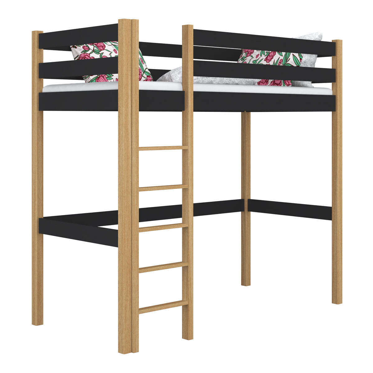 Cama alta de madeira n05 preto e carvalho