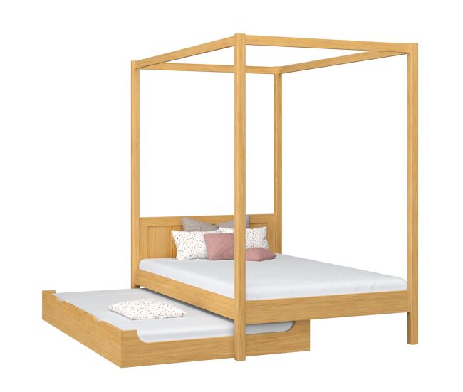 Cama individual de madeira com dossel e gaveta para colchão extra n02 pinho natural